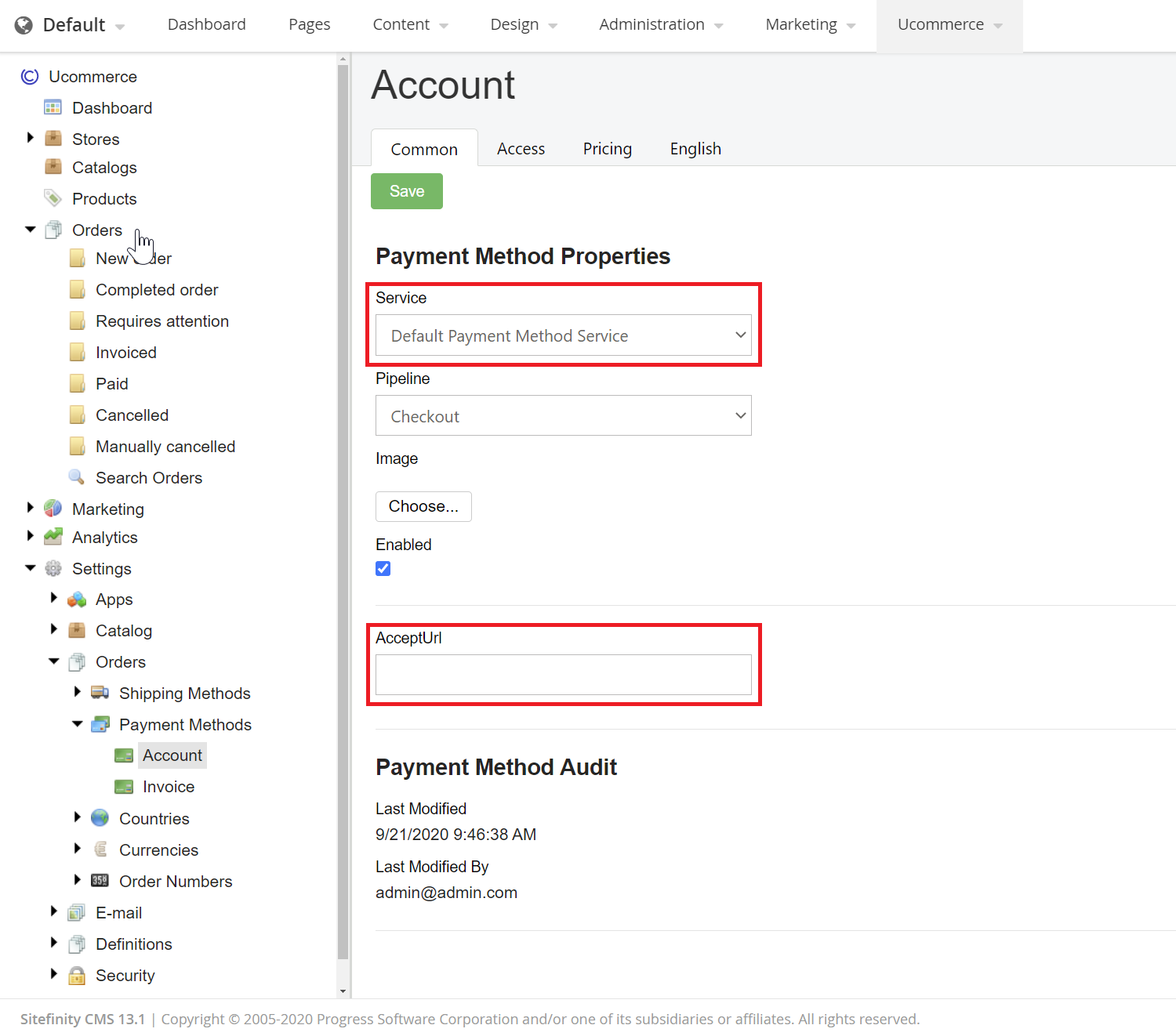 Change the Payment method service screenshot