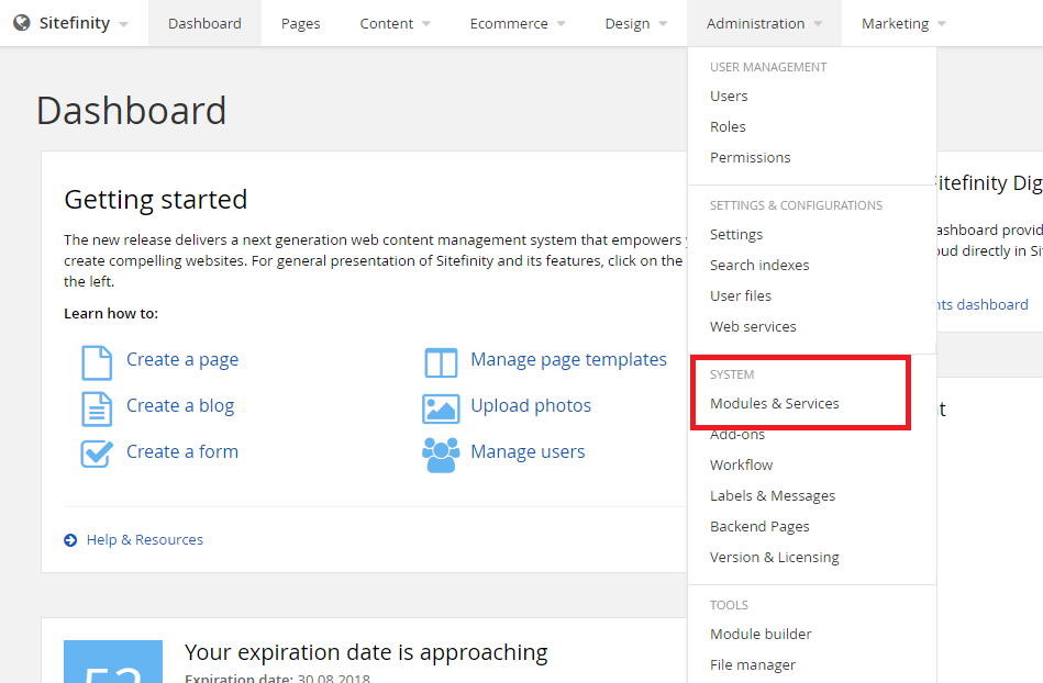 How to access Modules setting in Sitefinity